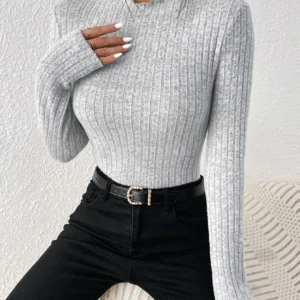 Fashion Slim Ruffle Neck Knit Long Sleeve Top, Lace Mid-Collar Women's Striped Bottom Shirt, Autumn and Winter Casual Sweater