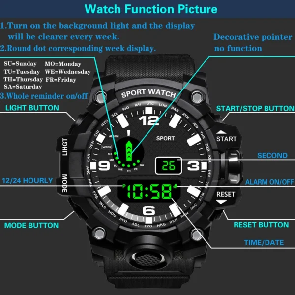 YIKAZE Sports Watch Men's LED Digital Watches Multifunction Military Clock Big Dial Waterproof Fitness Electronic Watch For Man - Image 5