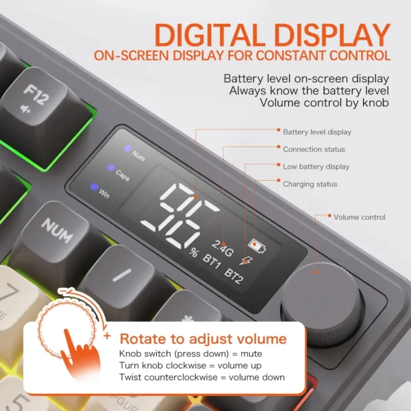 FreeWolf M96 Wireless Keyboard with Screen,Gaming Keyboard Bluetooth Dual-Mode Connection,Multi-Device Linking,Ergonomic - Image 3