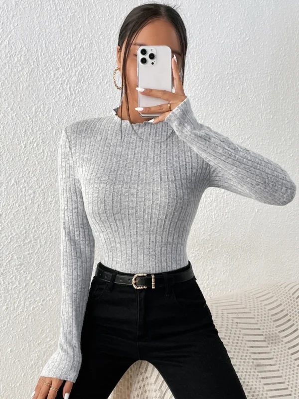 Fashion Slim Ruffle Neck Knit Long Sleeve Top, Lace Mid-Collar Women's Striped Bottom Shirt, Autumn and Winter Casual Sweater - Image 2