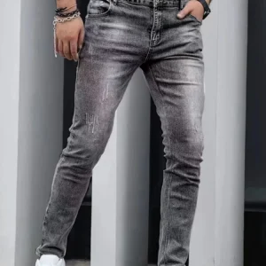 1pc Men's Slim-Fit Snowflake Washed Jeans - Four Seasons Stretch Denim, Machine-Washable Mid-Stretch Casual Pants for Daily Wear