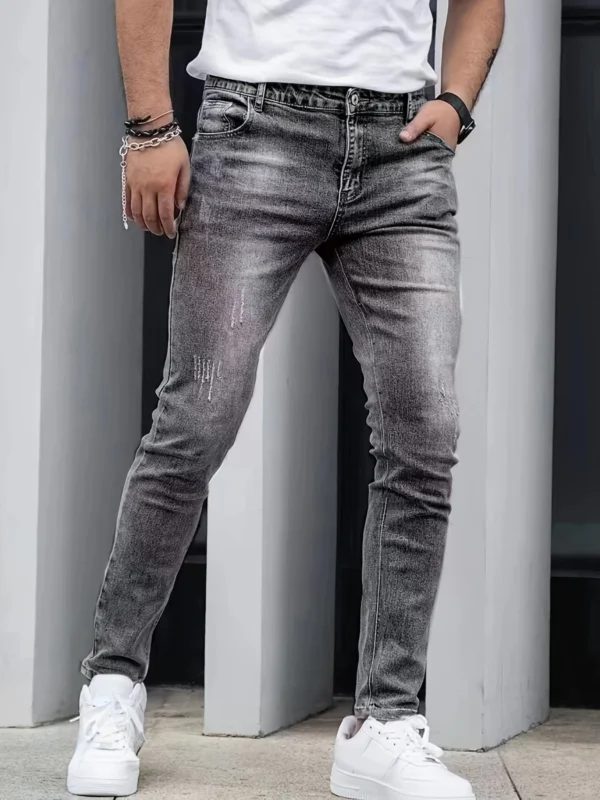 1pc Men's Slim-Fit Snowflake Washed Jeans - Four Seasons Stretch Denim, Machine-Washable Mid-Stretch Casual Pants for Daily Wear